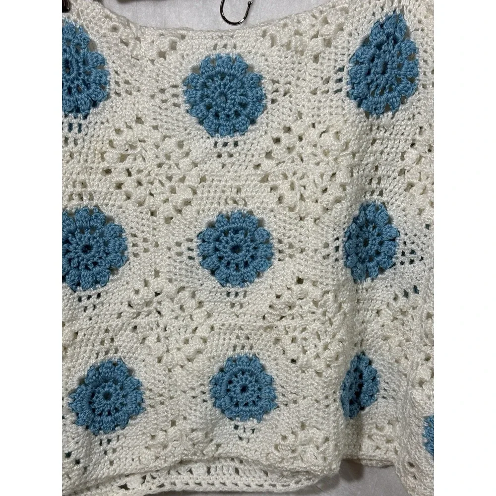 Handmade Baby Blue Afghan Blanket Blue & White 31 X 30 Cute Unisex Newborn